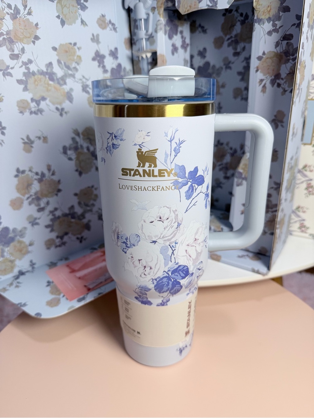Stanley White Floral LoveShackFancy Travel Mug with Gold Accents